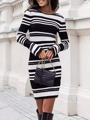 Contrast Color Split-Joint Striped Patterns Flared Sleeves Loose Round-Neck Sweater Dresses Mini Dresses