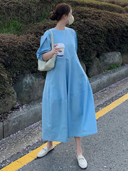 Casual Round-Neck Bishop Sleeve Loose Solid Color Midi Dress