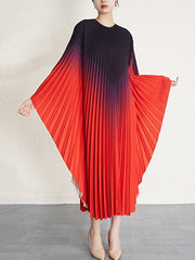 Gradient Pleated Batwing Sleeves Loose Round-Neck Midi Dresses