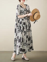 Printed A-line Loose Round-neck Midi Dresses