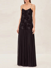 3D Flower Pleated Splicing Sleevless Spaghetti-Neck Elegant Maxi Dresses