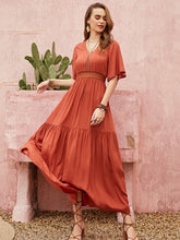 Vacation Half Sleeves Wrap Solid Color V-Neck Maxi Dress
