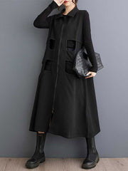Hollow Solid Color Zipper Loose Sleeveless Lapel Midi Dresses