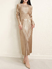 Bronzing Pleated Shiny Solid Color A-Line High Waisted Round-Neck Midi Dresses