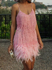 Crystal Chain Fringe Mesh Mini Dress In Silver