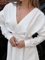 Pleated Solid Color Split-Joint Tied Waist Long Sleeves Loose V-Neck Shirt Dress Mini Dresses