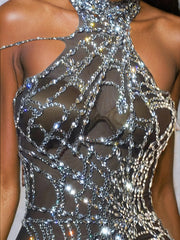 Cutout Cobweb Rhinestone Mesh Jumpsuit In Black