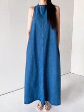 Pockets Solid Color Tied A-Line Loose Round-Neck Maxi Dresses