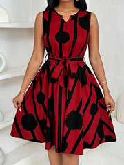 Contrast Color Tied Waist A-Line Loose Round-Neck Mini Dresses