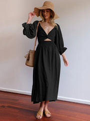 Original A-Line Loose Hollow Solid Color V-Neck Midi Dresses