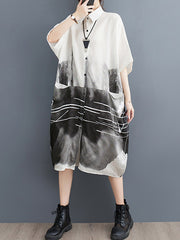 Pockets Printed Half Sleeves Loose Lapel Midi Dresses