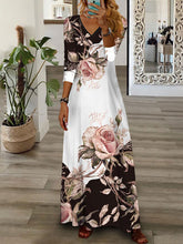 Contrast Color Flower Print Loose Wrap V-Neck Maxi Dresses