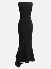 Contrast Color Ruffle Trim Split-Joint Bodycon Sleeveless V-Neck Maxi Dresses