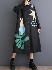 Buttoned Pockets Printed Split-Joint A-Line Long Sleeves Lapel Shirt Dress Midi Dresses