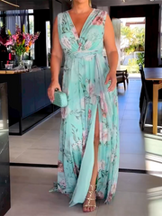 Sleeveless Floral Printed Split-Side V-Neck Maxi Dresses