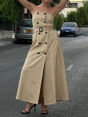Belted Buttoned A-Line Loose Tube Maxi Dresses