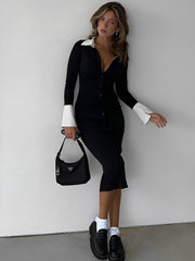 Black Ruched Button Up Slit Cuff Midi Dress