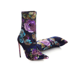 Floral Blue Ankle Stiletto Heel Boots