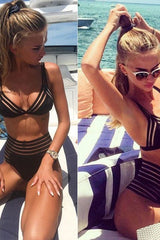 Striped Hollow Splicing Mesh Three-Point Bikini