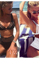 Striped Hollow Splicing Mesh Three-Point Bikini