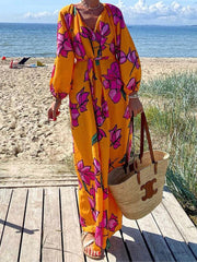 Flower Print Pockets Tied Waist A-Line Long Sleeves V-Neck Maxi Dresses