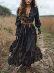 Floral Ruffled Long Sleeves Vintage Maxi Dresses