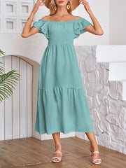 Elasticity Pleated Ruffled Solid Color Split-Joint A-Line Loose Off-The-Shoulder Midi Dresses
