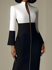 Contrast Color Split-Joint Zipper Long Sleeves Stand Collar Midi Dresses