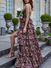 Flower Printed Ruffled Sleevless Spaghetti-Neck Split-Side Maxi Dresses