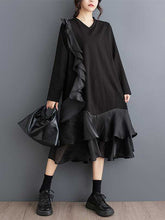 Contrast Color Pockets Ruffle Trim Split-Joint A-Line Long Sleeves V-Neck Midi Dresses