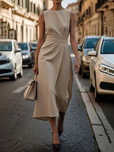 Pleated Solid Color High Waisted Loose Round-Neck Midi Dresses