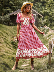 Bohemia Flared Sleeves Loose Floral Printed U-Neck Maxi Dress