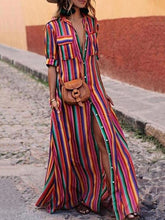 Split-Joint Striped Long Sleeves Loose Lapel Shirt Dress Maxi Dresses