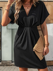 Elasticity Pleated Solid Color Split-Joint Loose Raglan Sleeve V-Neck Mini Dresses