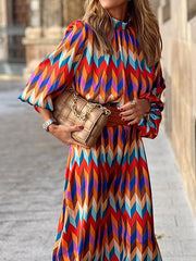 Contrast Color Elasticity Pleated A-Line Long Sleeves Stand Collar Midi Dresses