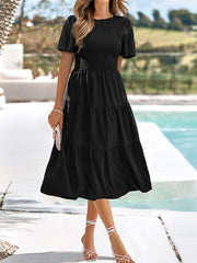 Elasticity Pleated Solid Color Split-Joint High Waisted Loose Round-neck Midi Dresses