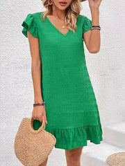 Pleated Solid Color Split-Joint Loose Ruffle Sleeves V-Neck Mini Dresses