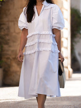 Pleated Ruffled Solid Color Split-Joint Loose Puff Sleeves Lapel Shirt Dress Midi Dresses