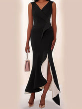 Contrast Color Ruffle Trim Split-Joint Bodycon Sleeveless V-Neck Maxi Dresses