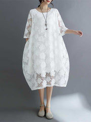 Hollow Solid Color Half Sleeves Loose Round-Neck Midi Dresses