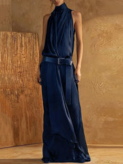 Belt Buckle Solid Color Split-Joint Loose Sleeveless High Neck Maxi Dresses