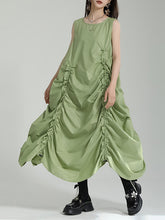 Asymmetric Elasticity Pleated Solid Color Loose Sleeveless Round-Neck Midi Dresses