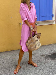 Buttoned Solid Color Split-Side Half Sleeves Loose Lapel Shirt Dress Midi Dresses