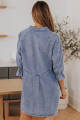 Collared Neck Flounce Sleeve Denim Mini Dress