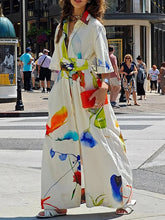 Asymmetric Printed Split-Joint Tied Waist Half Sleeves Loose Lapel Shirt Dress Maxi Dresses