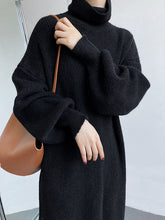 Urban Loose Puff Sleeves Solid Color High-Neck Sweater Dresses