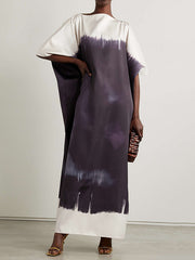 Batwing Sleeves Loose Contrast Color Printed Split-Joint Round-Neck Maxi Dresses