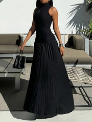 Hollow Pleated Solid Color Split-Joint Bodycon Sleeveless Mock Neck Maxi Dresses