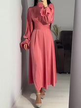 Pleated Solid Color Tied Waist Zipper A-Line Long Sleeves Mock Neck Maxi Dresses