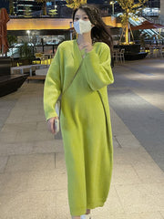 Urban Loose Long Sleeves Solid Color V-Neck Sweater Dresses